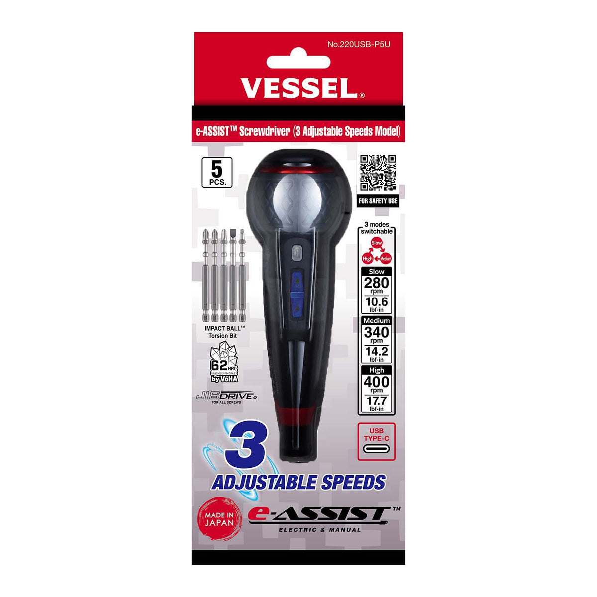 VESSEL e-Assist Screwdriver with 5pc Bit Set