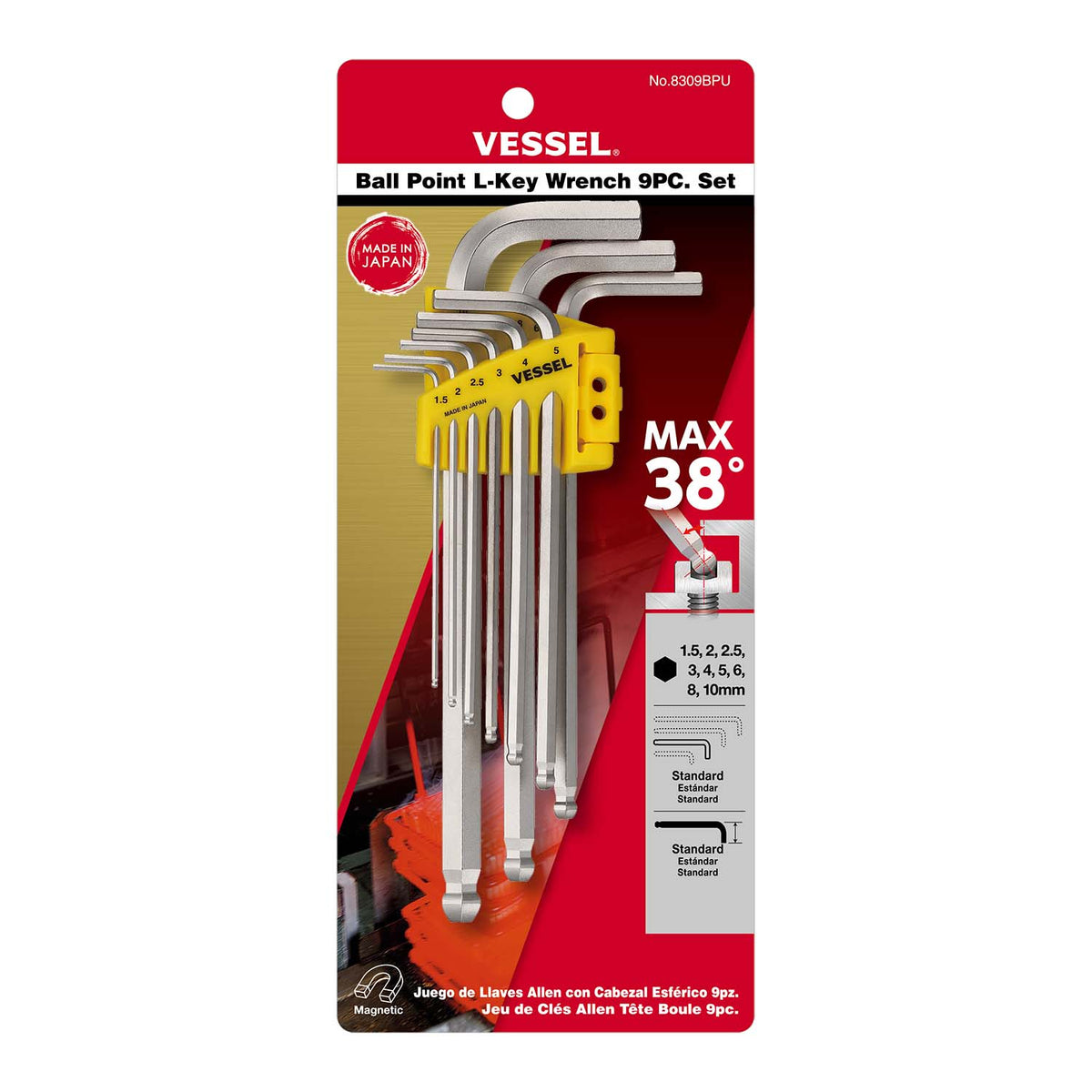 VESSEL 2mm Metric 9 -Pieces Ball End Hex key