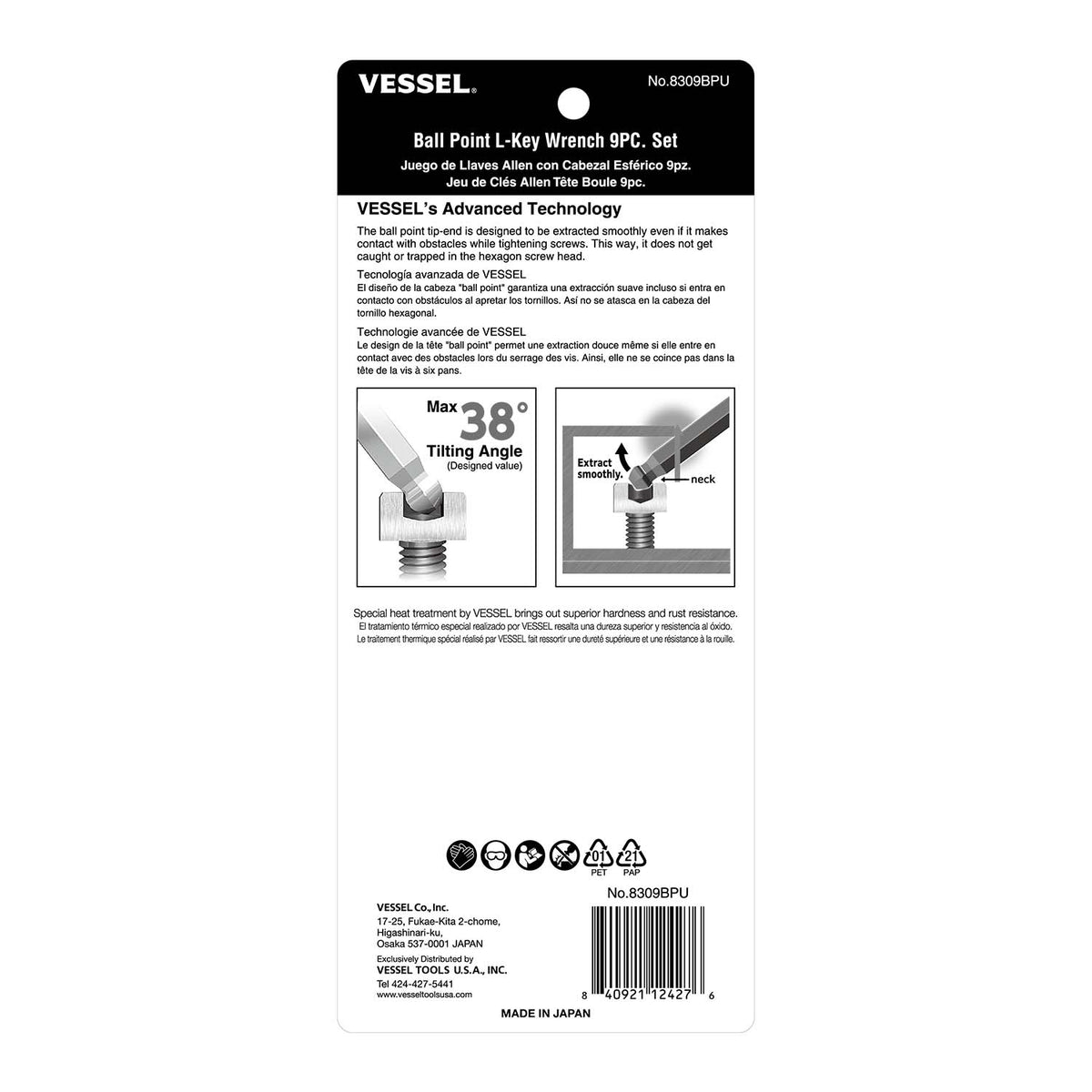 VESSEL 2mm Metric 9 -Pieces Ball End Hex key