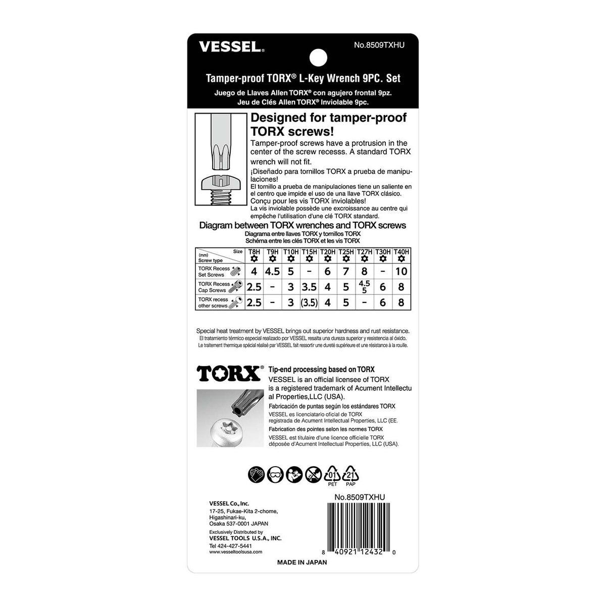 VESSEL Tamper-proof TORX Wrench 9PC.