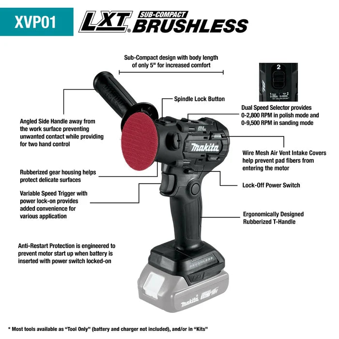 Makita 18V Sub-Compact Brushless LXT 3" Polisher/2" Sander (Tool Only)