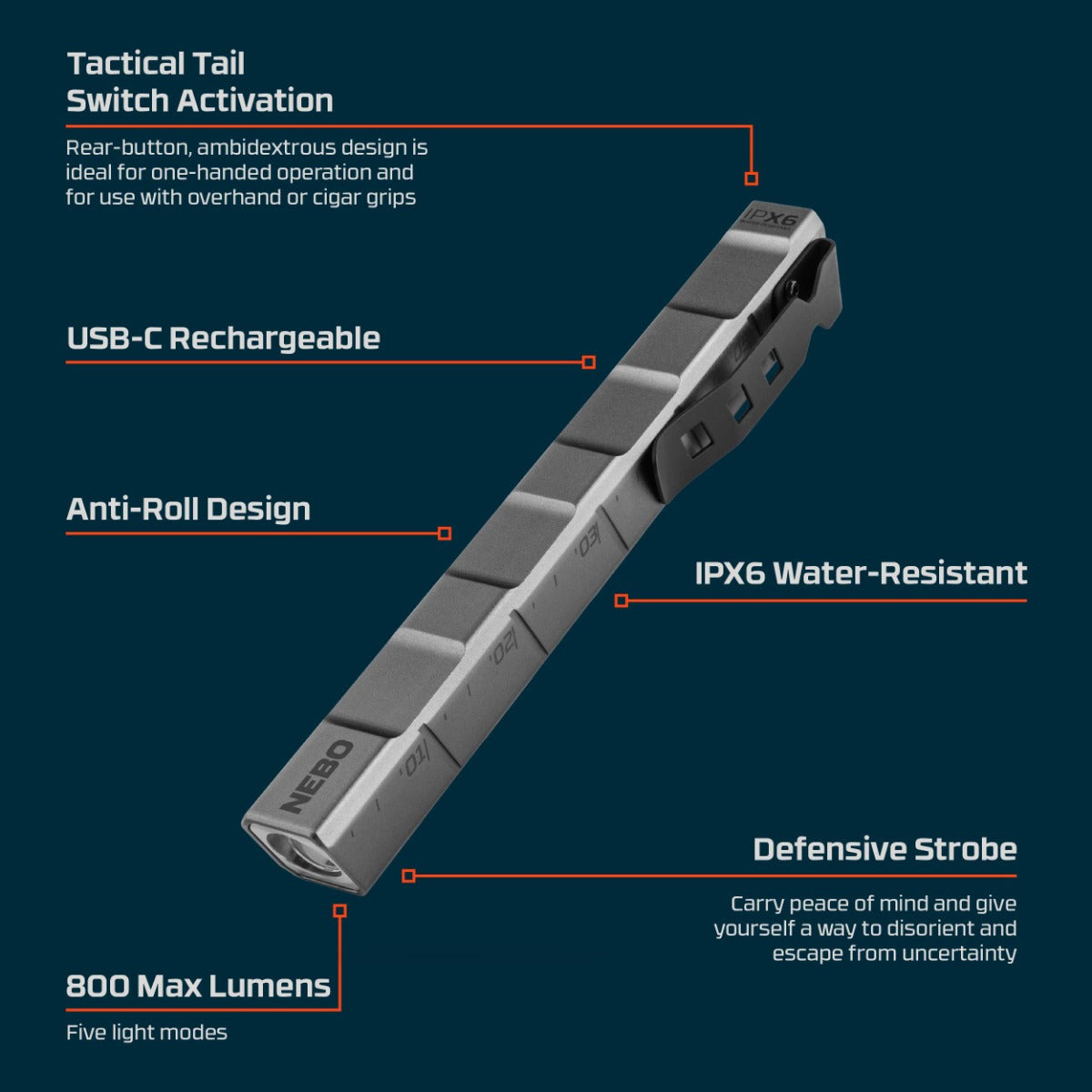 NEBO EDGE 800 Lumens USB-C Rechargeable Tactical Pen Light